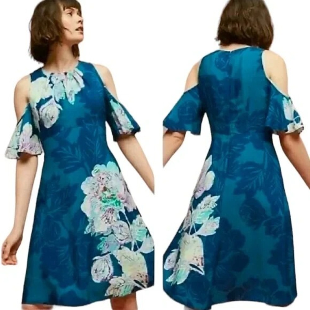 Maeve Anthropologie Dress 2 Blue Elia Cold Shoulder Ruffle Teal Floral Cocktail